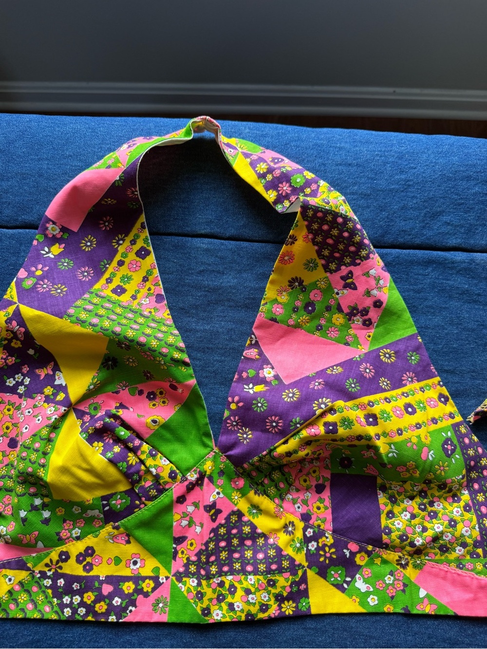 Bright Floral Patchwork Halter Crop Top - Pink, Green & Yellow